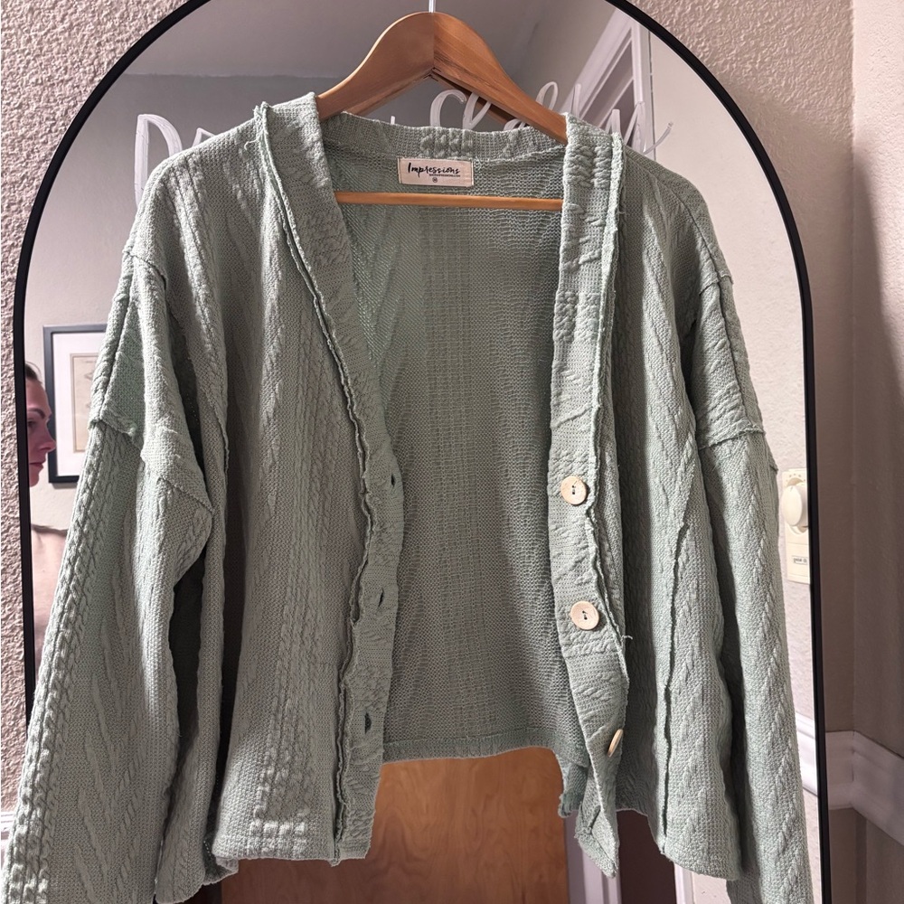 Impressions Light Green Button-Up Cardigan